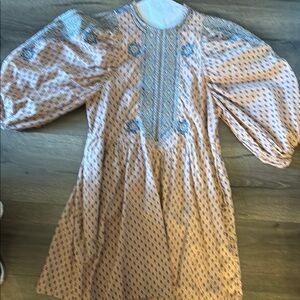 Anthropologie Vintage Patterned Dress with Puff Sleeves
